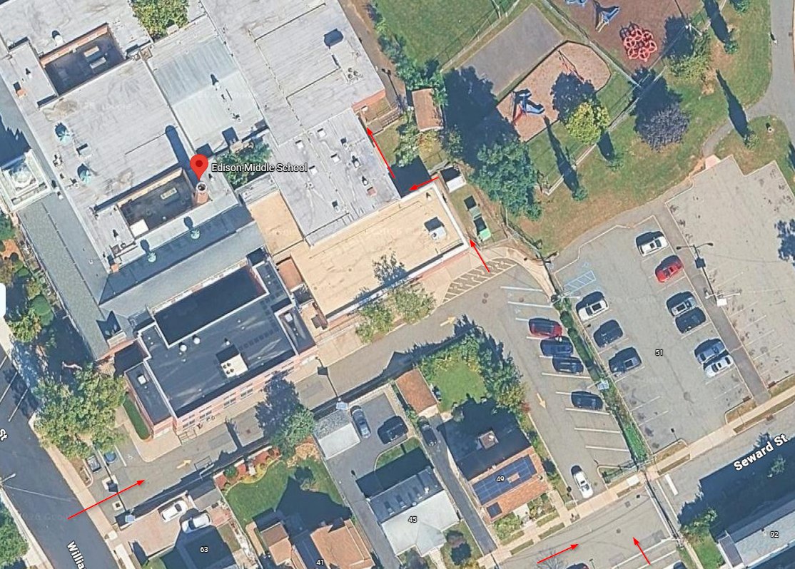 Aerial view of Edison Middle School with red arrows marking the driveways into the parking lots and the walking path to the gym door